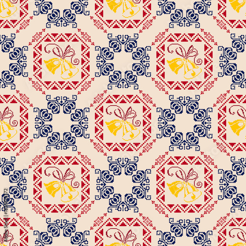 Seamless geometric pattern . pixel pattern. Design for clothing fabric textile ornamentation embroidery Hand stitched pattern . cultural stitching pixel art , Cross stitch pattern