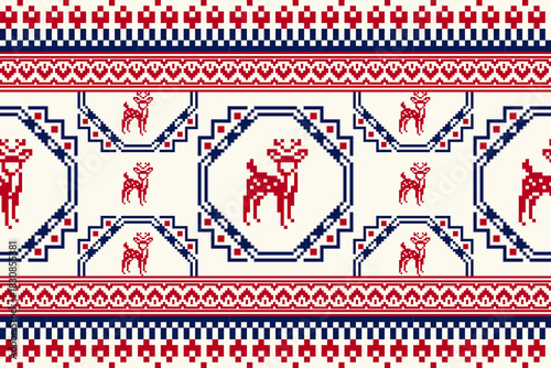 Seamless geometric pattern . pixel pattern. Design for clothing fabric textile ornamentation embroidery Hand stitched pattern . cultural stitching pixel art , Cross stitch pattern.