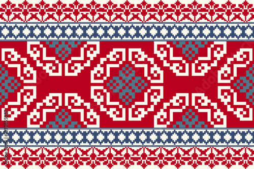 Seamless geometric pattern . pixel pattern. Design for clothing fabric textile ornamentation embroidery Hand stitched pattern . cultural stitching pixel art , Cross stitch pattern.