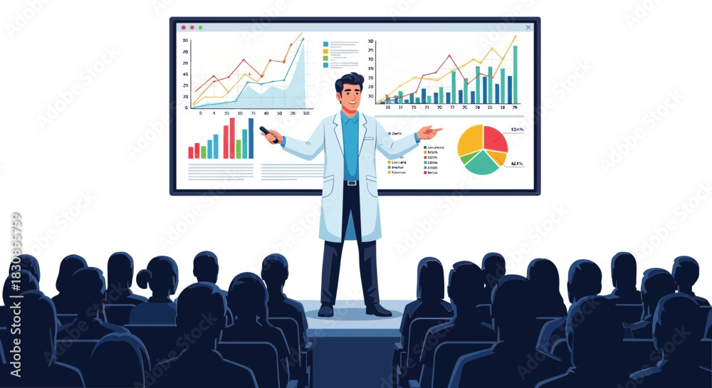 Obraz premium Expert medical professional or scientist presenting complex research data and analytical graphs to an engaged professional audience at a modern conference or seminar