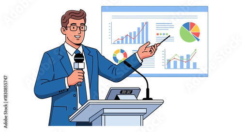 Confident businessman giving a presentation at a conference, pointing to a screen with data analysis charts and graphs for a successful business report