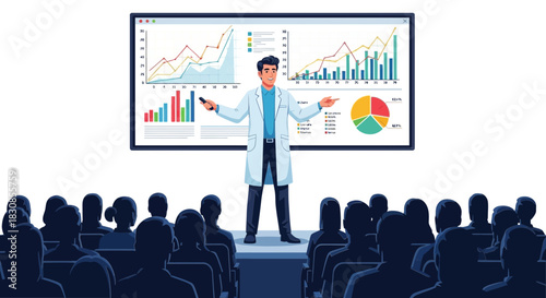 Expert medical professional or scientist presenting complex research data and analytical graphs to an engaged professional audience at a modern conference or seminar