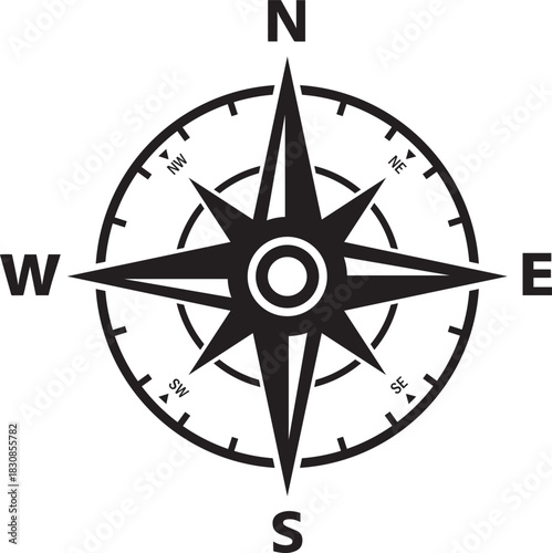 Compass Vector Silhouette, Navigation and Direction Symbol on White Background