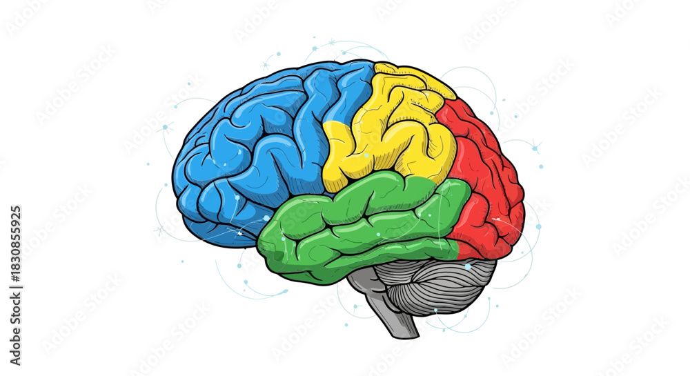Fototapeta premium Anatomical illustration of the human brain, color-coded to represent different lobes, symbolizing cognitive functions and neural pathways in a visually engaging and informative manner