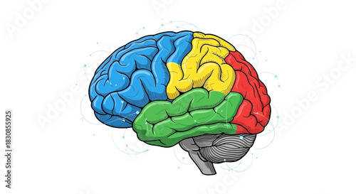 Anatomical illustration of the human brain, color-coded to represent different lobes, symbolizing cognitive functions and neural pathways in a visually engaging and informative manner