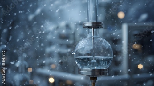 A scientific distillation apparatus is set up outdoors during a snowfall with blurry lights in the background