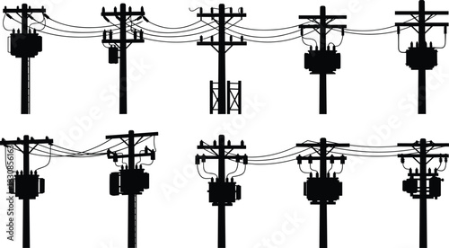 Detailed Collection of Electrical Utility Pole Silhouettes with Large Transformers and Capacitors, Power Distribution Equipment Set, Cad Drawing Flat Vector