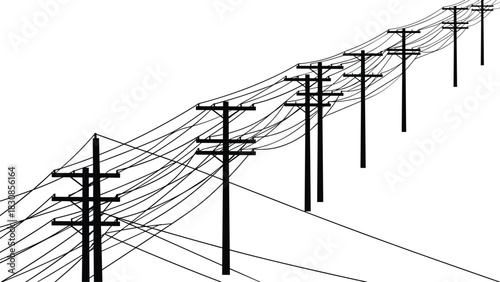 Dense Mess of Power Lines and Utility Poles Vector Illustration in Perspective, Electrical Distribution Grid, Telecommunication Chaos, Energy Infrastructure, Cad Drawing Flat Vector
