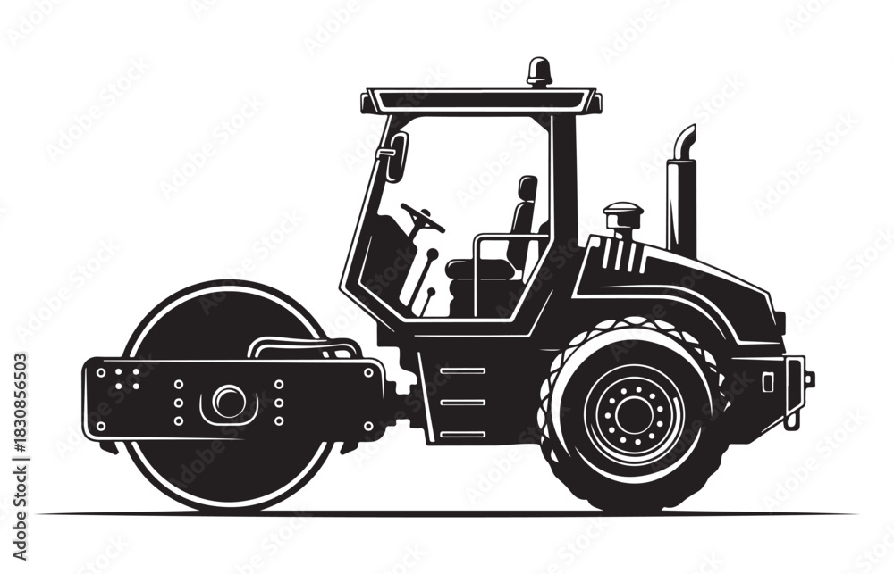 Naklejka premium Vintage style illustration of a heavy duty road roller machine used for compacting surfaces