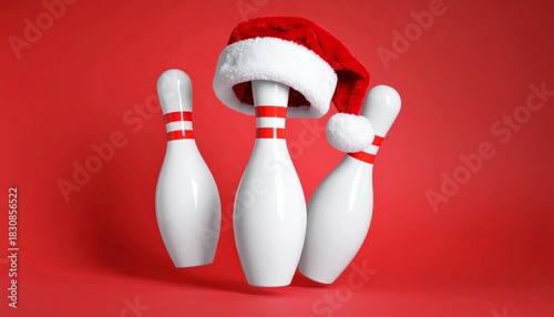 Santa hat on falling bowling pin, red background.