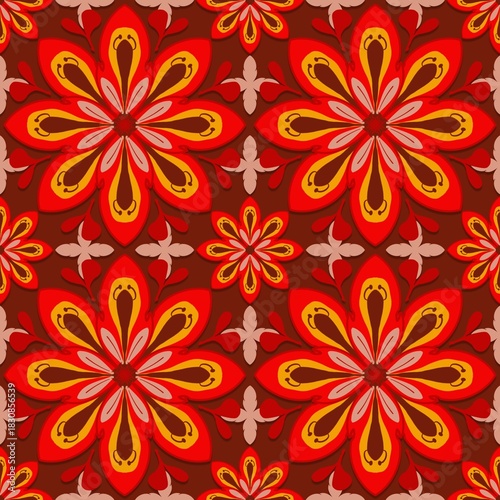 seamless floral background,red,yellow curves ,painted create to flowershape, leaves, brown background in geometric patterns as sarong,fabric,tile,printed fabric,batik,tablecloth patterns.