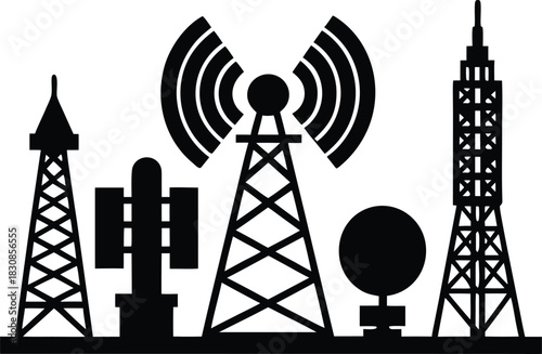 clean silhouette vector iluustration of communication towers, signal antennas, satellite dishes, broadcasting towers, mobile network infrastructure, wireless technology, radio towers, internet connect