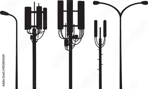 Cell tower and streetlight, telecom infrastructure clip art, antenna pole, urban structure silhouette vector illustration