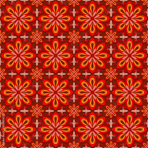 vector seamless pattern with flowers,red,yellow curves ,painted create to flowershape, leaves, brown background in geometric patterns as sarong,fabric,tile,printed fabric,batik,tablecloth patterns.