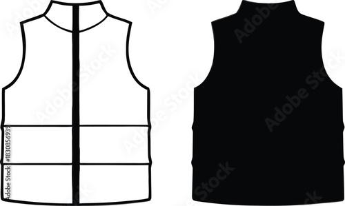 sleeveless padded puffer vest front and back view, winter outerwear fashion line art silhouette vector illustration