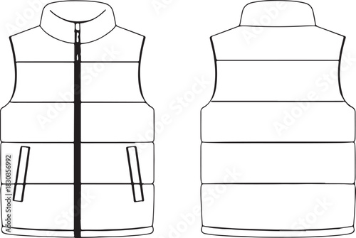 sleeveless padded puffer vest front and back view, winter outerwear fashion technical sketch CAD drawing flat line art silhouette vector illustration