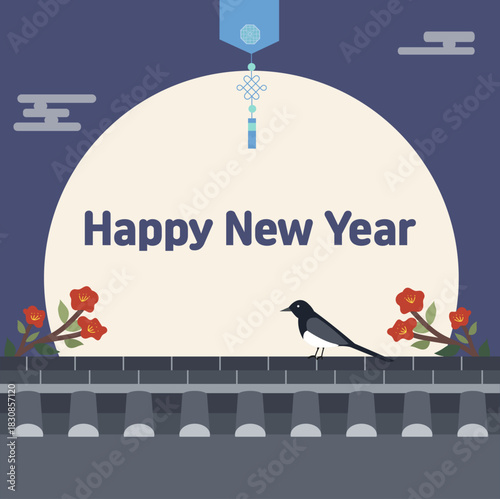 모던 한국 신년 지붕 위 까치 인사 카드