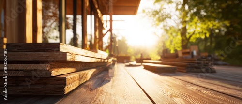 The Wooden Planks Stacked on a Deck in Warm Golden Hour Light