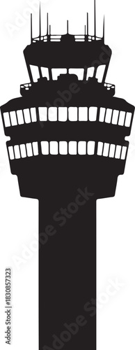 Silhouette of a modern airport control tower with multiple levels and antennas against a white background