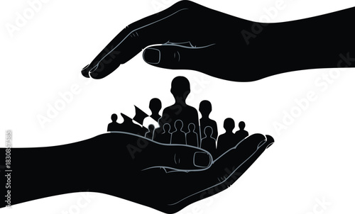 Black hands cupping group of people silhouettes vector