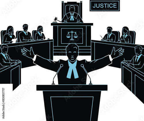 Courtroom scene with judge jury and speaker at podium