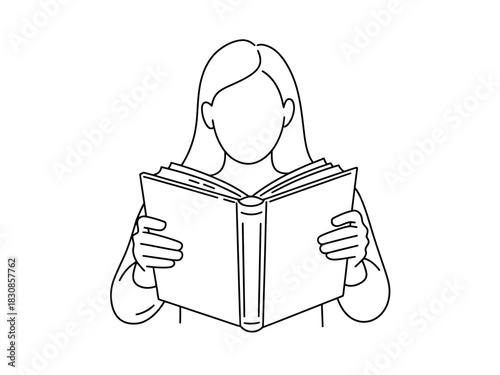 A person is depicted in a simple line drawing, engrossed in reading an open book.