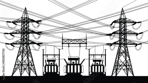 Electrical Substation Silhouette with Transformers, High-Voltage Transmission Towers, Power Grid Infrastructure, Energy Distribution Vector, Cad Drawing Flat