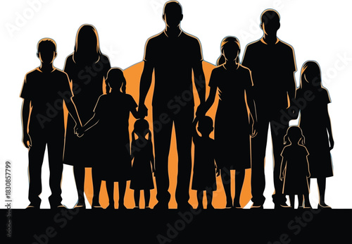 Diverse family silhouettes holding hands against orange and white background