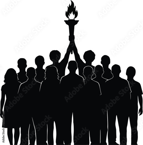 Group of people holding up a flaming torch flame fire