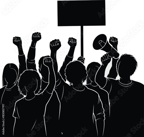 Group of protesters with raised fists holding a sign and megaphone