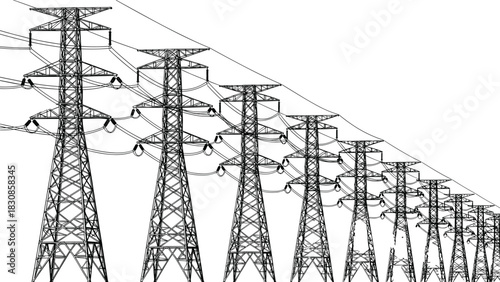 Gradually Receding High-Voltage Transmission Towers and Power Lines Vector Illustration, Industrial Pylons, Electrical Energy Grid Infrastructure, Cad Drawing Flat