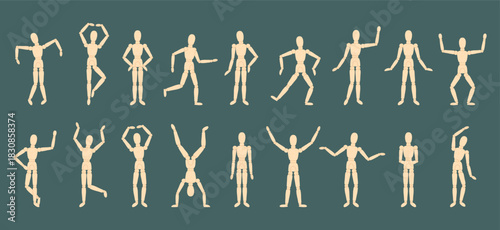 Light wood textured mannequins. Mannequin in various poses, template for painter, sketcher for art work and drawing. Designer tools vector clipart