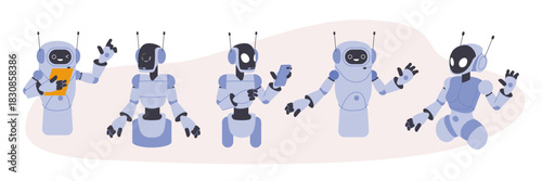 Robotic characters. Robots greet you, scroll through phone and update system. Androids communicate with each other. Digital technologies vector set