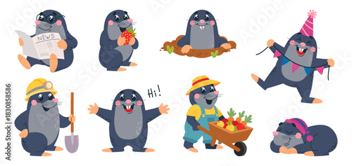 Funny cartoon moles. Adorable mole various activities. Growing plants, digging ground, looking from hole, sleeping, birthday celebration, classy vector animal characters