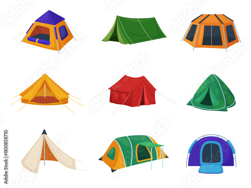 Hiking tents. Expedition, nature adventures tents for accommodation. Touristic, military or refugees camp equipment. Outdoor fabric houses, nowaday vector set