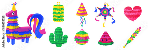 Cartoon pinatas. Mexican colorful pinata heart, llama, star, watermelon slice. Bright festival decorations for birthday or party with confetti inside, nowaday vector set