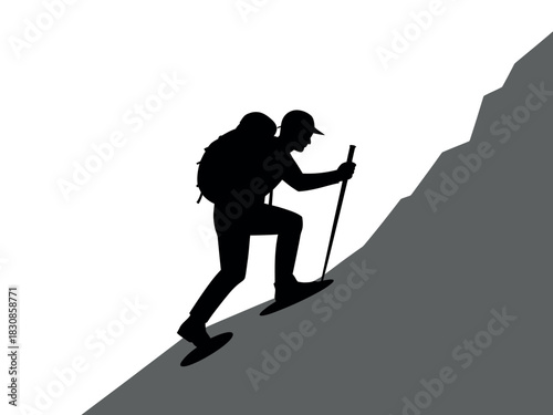 Silhouette of a person with a backpack and poles climbing a steep, rocky slope against a white background.
