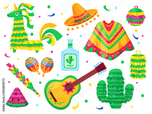 Mexican carnival elements. Poncho, guitar, sombrero hat and tequila bottle. Festive pinata toys with confetti and sweets inside, nowaday vector set