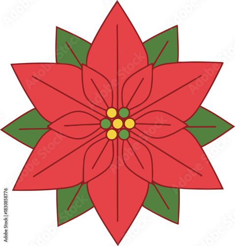 A festive vector illustration of a vibrant red poinsettia flower with green leaves and a central cluster of yellow buds,