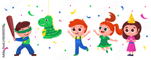 Children play pinata. Boy ready to break dinosaur pinata with baseball bat. Birthday party mexican style, happy girls and boys, nowaday vector scene