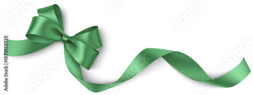 Green Christmas bow with horizontal swirl ribbon isolated on white. Holiday decoration. Vector illustration