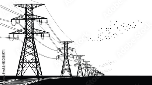 Long Row of High-Voltage Transmission Towers Receding into Distance, Power Grid Vector Silhouette, Flock of Birds Flying, Cad Drawing Flat Illustration