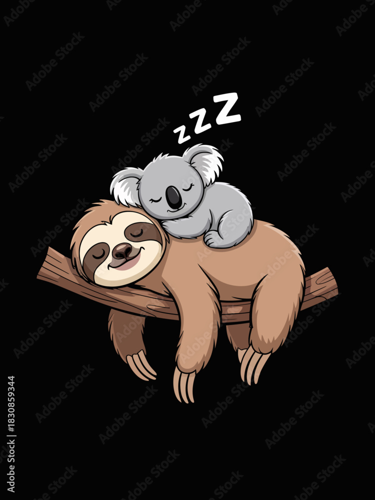 Obraz premium A cartoon sloth and koala are peacefully napping on a tree branch. The dark background emphasizes the serene and adorable scene.
