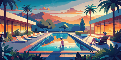 Midcentury modern resort pool scene at sunset with palm tree and mountain backdrop