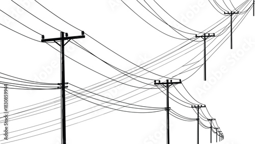 Overlapping Power Lines and Utility Poles in Vector Silhouette, Intersecting Electrical Wires, Complex Energy Transmission Network, Cad Drawing Flat Vector Illustration