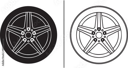 Minimalist Five Spoke Automotive Wheel and Tire Vector Icon Set