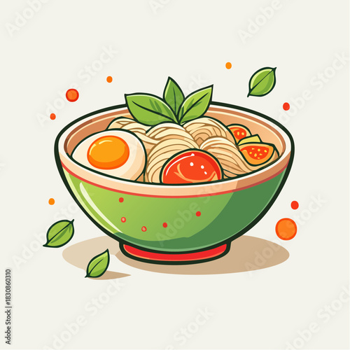 Vibrant Noodle Bowl With Egg And Greens In A Green Bowl On A Light Background With Floating Accents