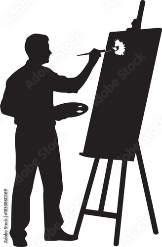 Silhouette of an artist painting on an easel with a palette