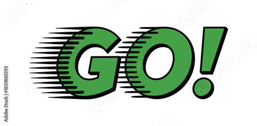 Illustration of the word go in green with motion lines on a white background