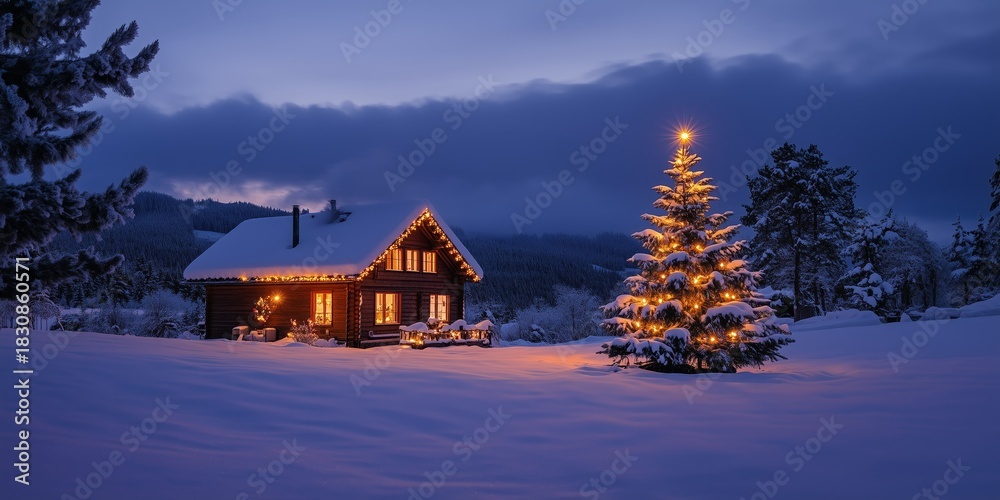 Naklejka premium a christmas tree with candles stands in the snow next to a lonely romantically lit hut in mountains